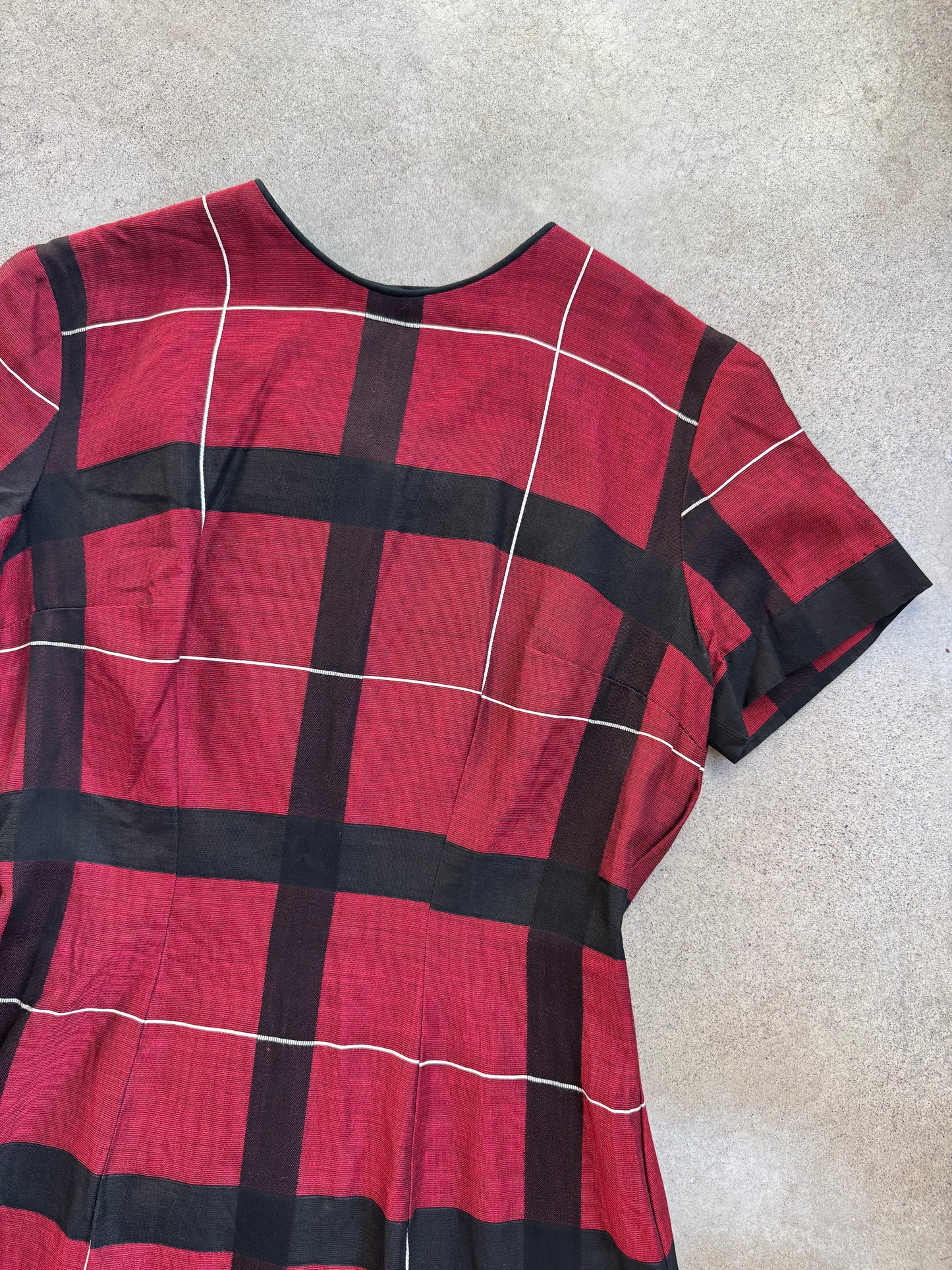 Vintage 1950s Stacey Ames Red Plaid Short Sleeve Mini Dress | S/M