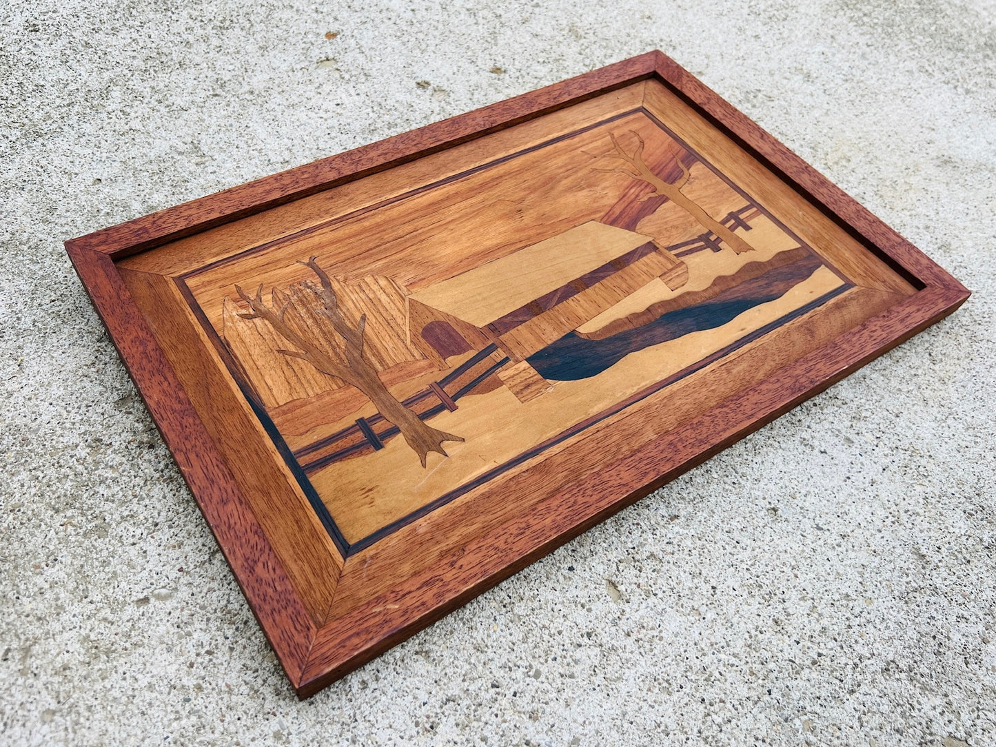 Vintage 1960s Wood Marquetry/Inlaid Winter Scene Artwork