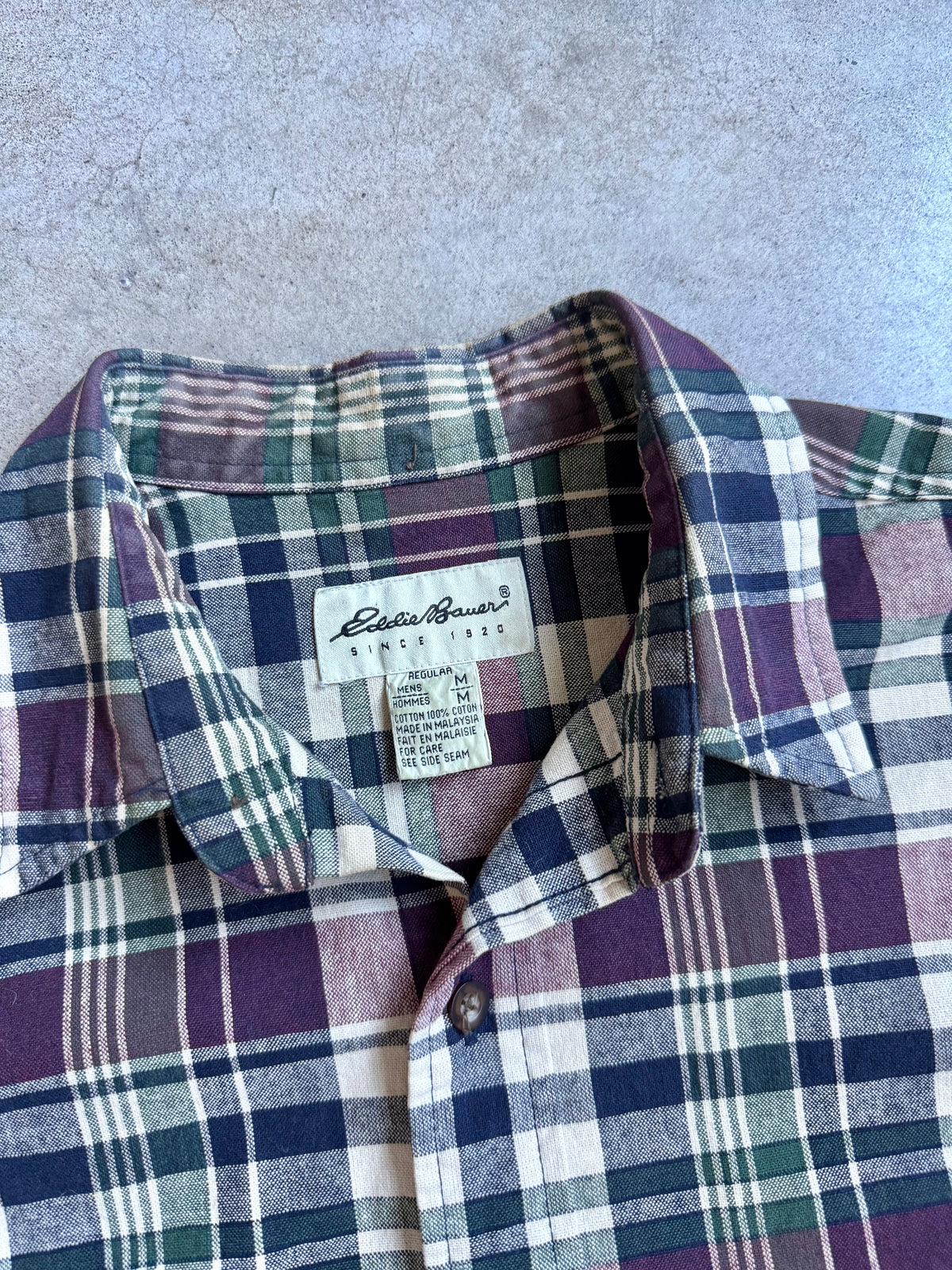 Vintage 1990s Eddie Bauer Dark Plaid Cotton Button-Up Shirt | Medium