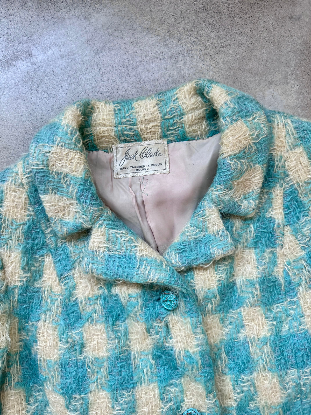 Vintage 1960s Blue & Cream Plaid Mohair-Blend Tweed Jacket | Small