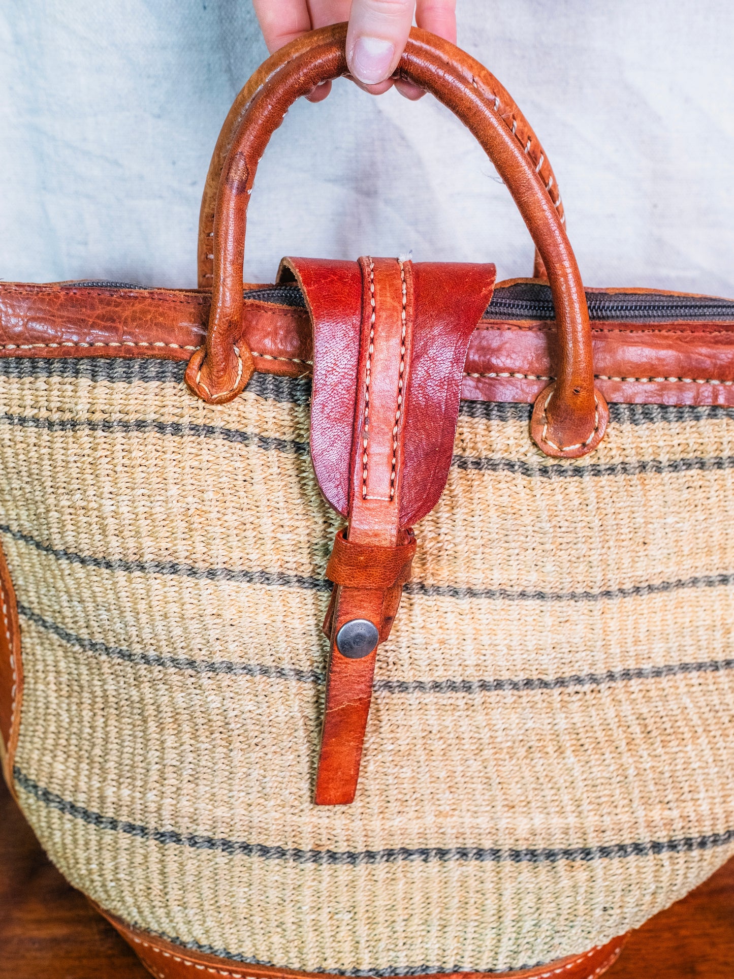 Vintage 1970s/80s Leather & Straw Woven Sisal Crossbody Bag