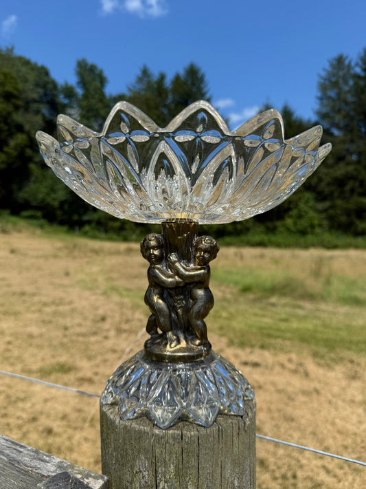 Vintage 1950s Brass & Crystal Pedestal Cherub Dish