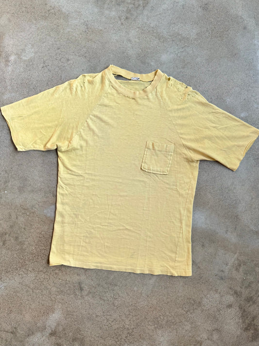 Vintage 1960s Monogram Collection Yellow Distressed Cotton Pocket Tee | Large