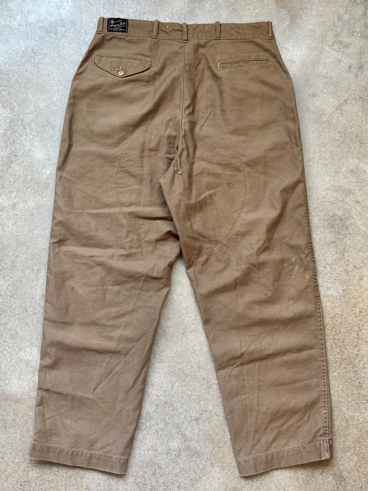 Vintage 1950s American Field Sportswear Brown Cotton Twill & Suede Leather Hunting Pants | Waist 36”