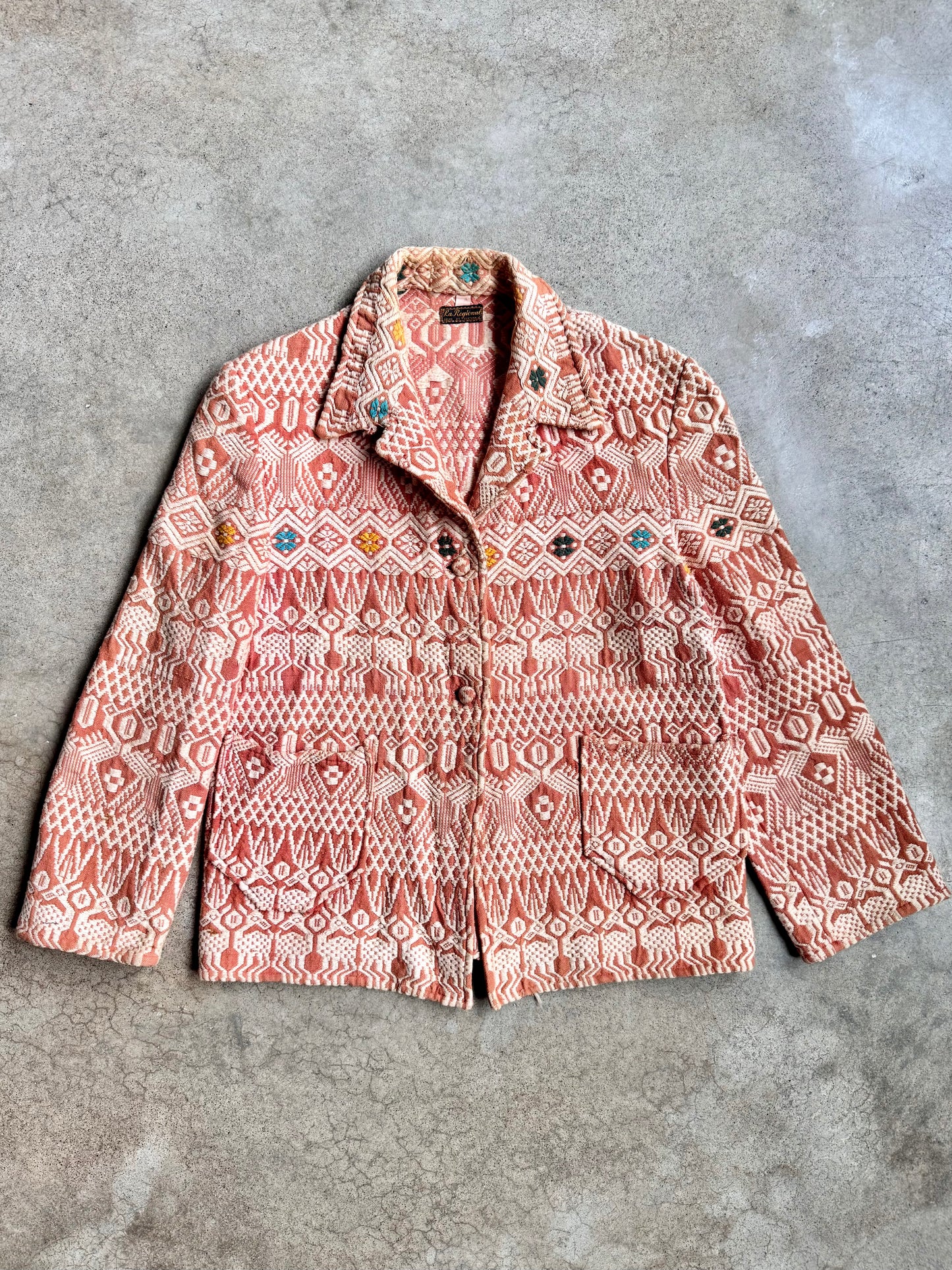 Vintage 1940s La Regional Orange Woven Cotton Guatemalan Chore Coat | Small