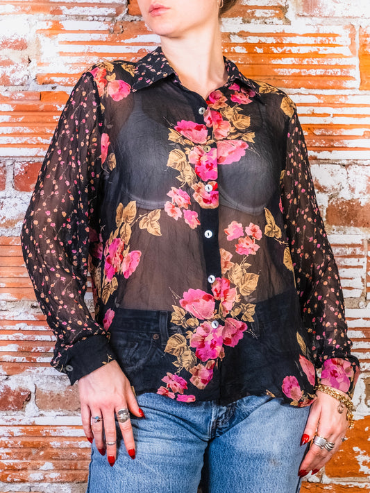 Vintage 1990s Tess Multi Floral Print 100% Silk Sheer Blouse | Large