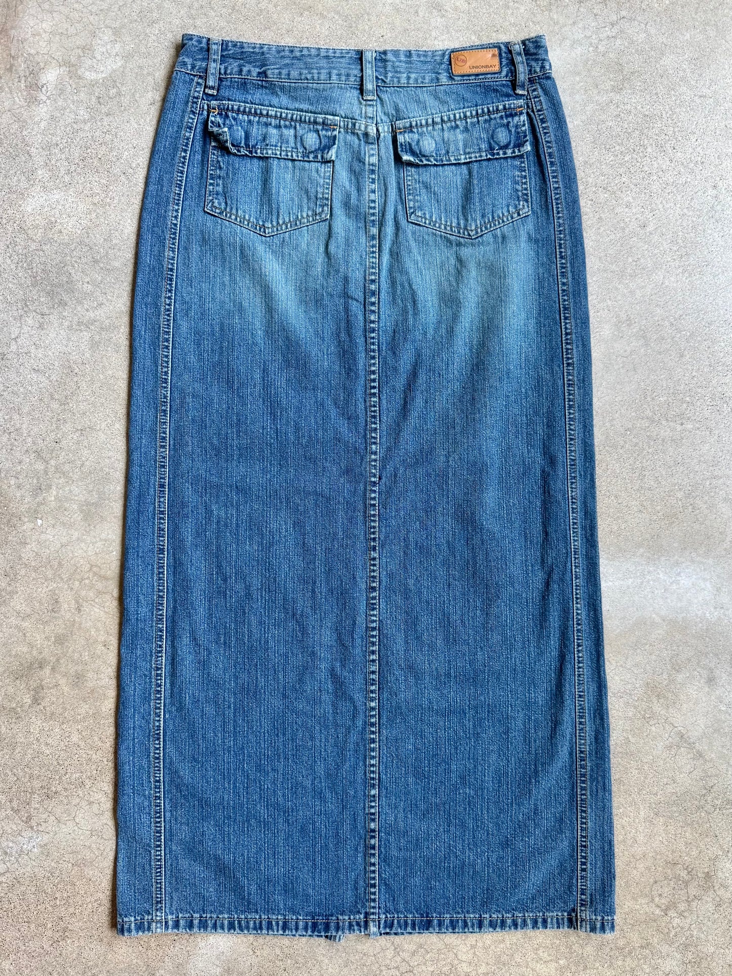 2000s Unionbay Split Hem Low-Rise Denim Maxi Skirt | S/M