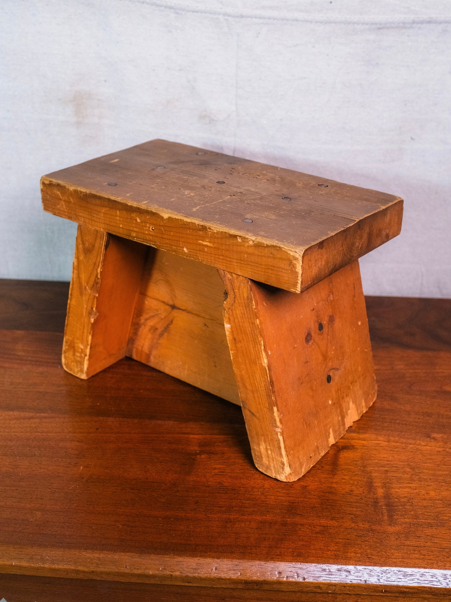 Vintage 1940s/50s Handmade Solid Wood Folk Art Footstool