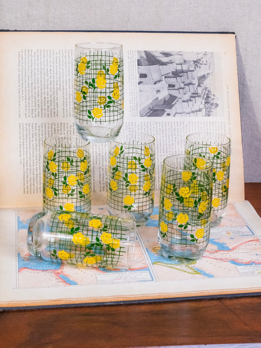 Vintage 1970s Yellow Flowers Tumbler Glasses | Set of 6