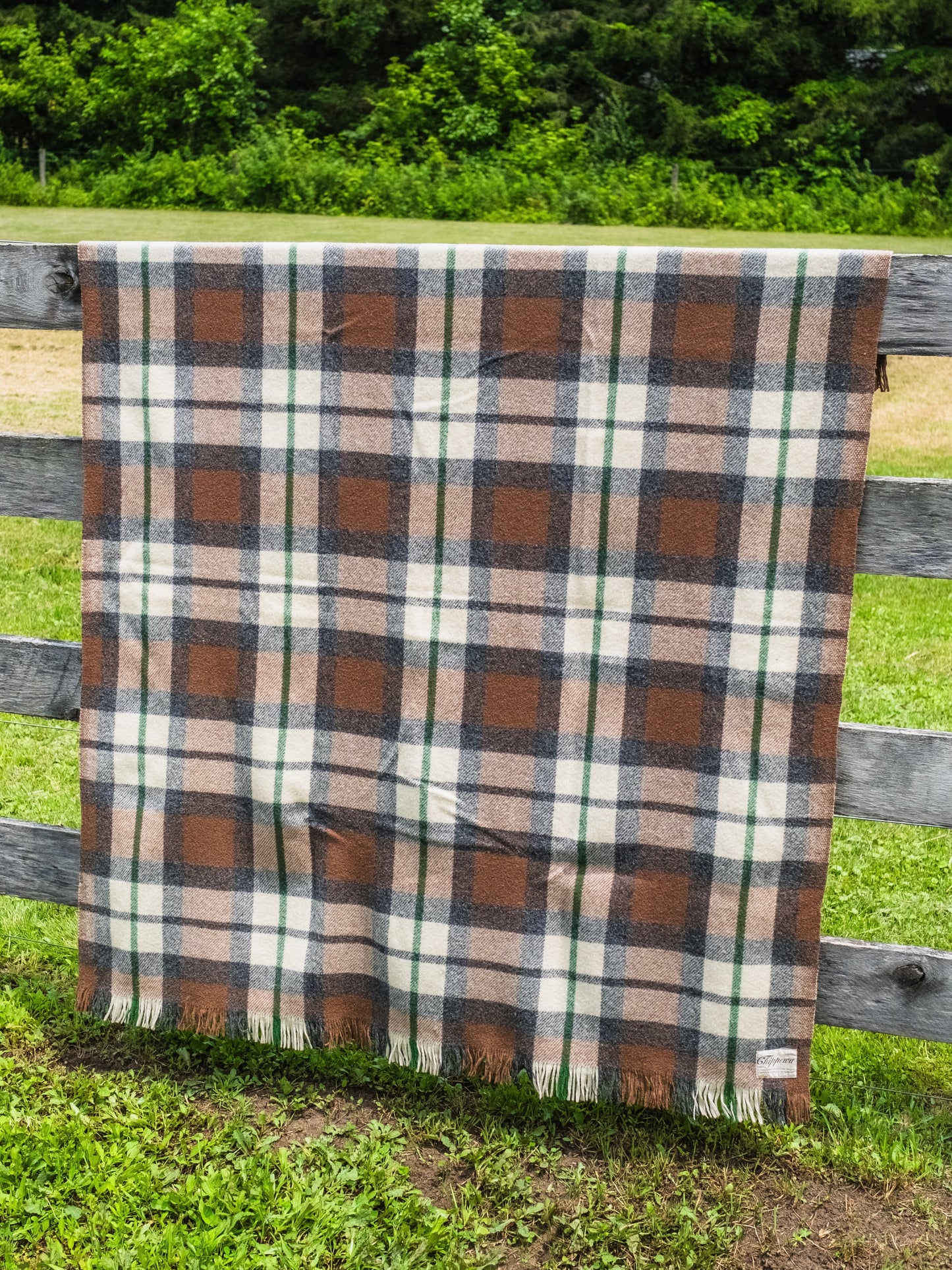 Vintage 1950s Chippewa Brown & Green Plaid 100% Wool Blanket