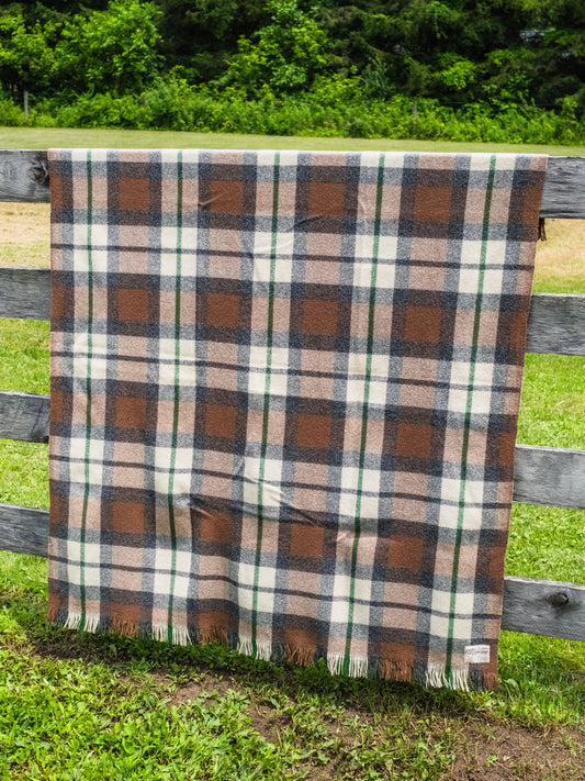 Vintage 1950s Chippewa Brown & Green Plaid 100% Wool Blanket