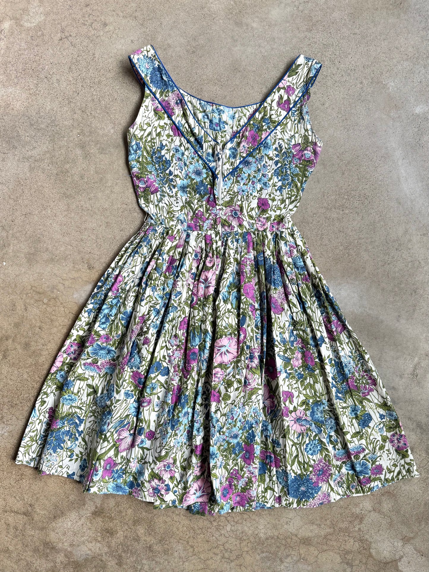 Vintage 1950s Jerry Gilden New York Blue & Purple Floral Pleated Summer Dress | XS