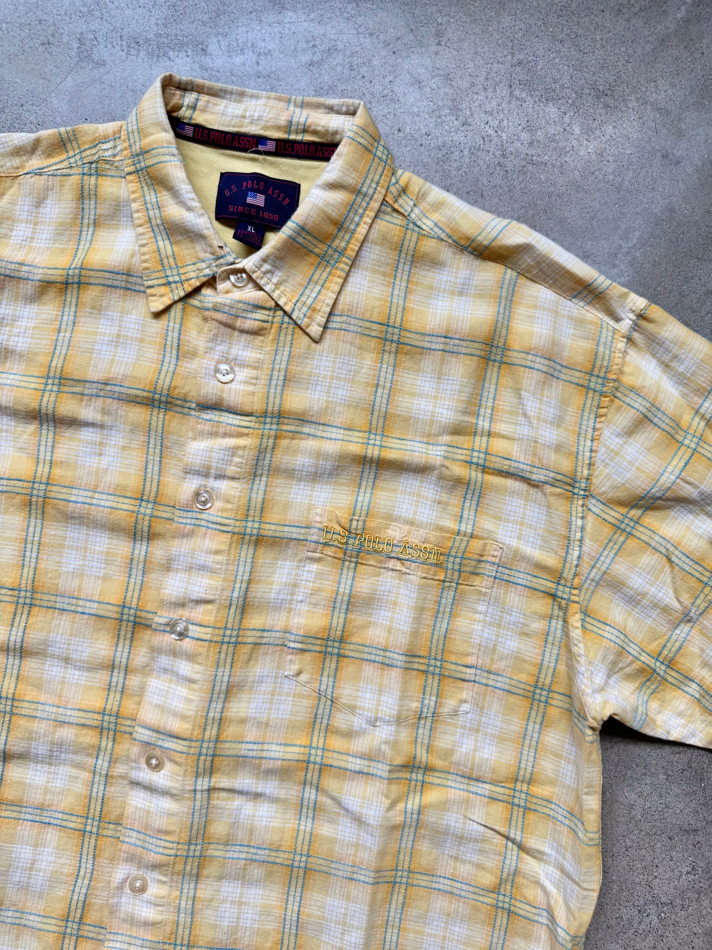 2000s U.S. Polo Assn. Yellow Plaid Linen-Blend Short Sleeve Shirt | XL
