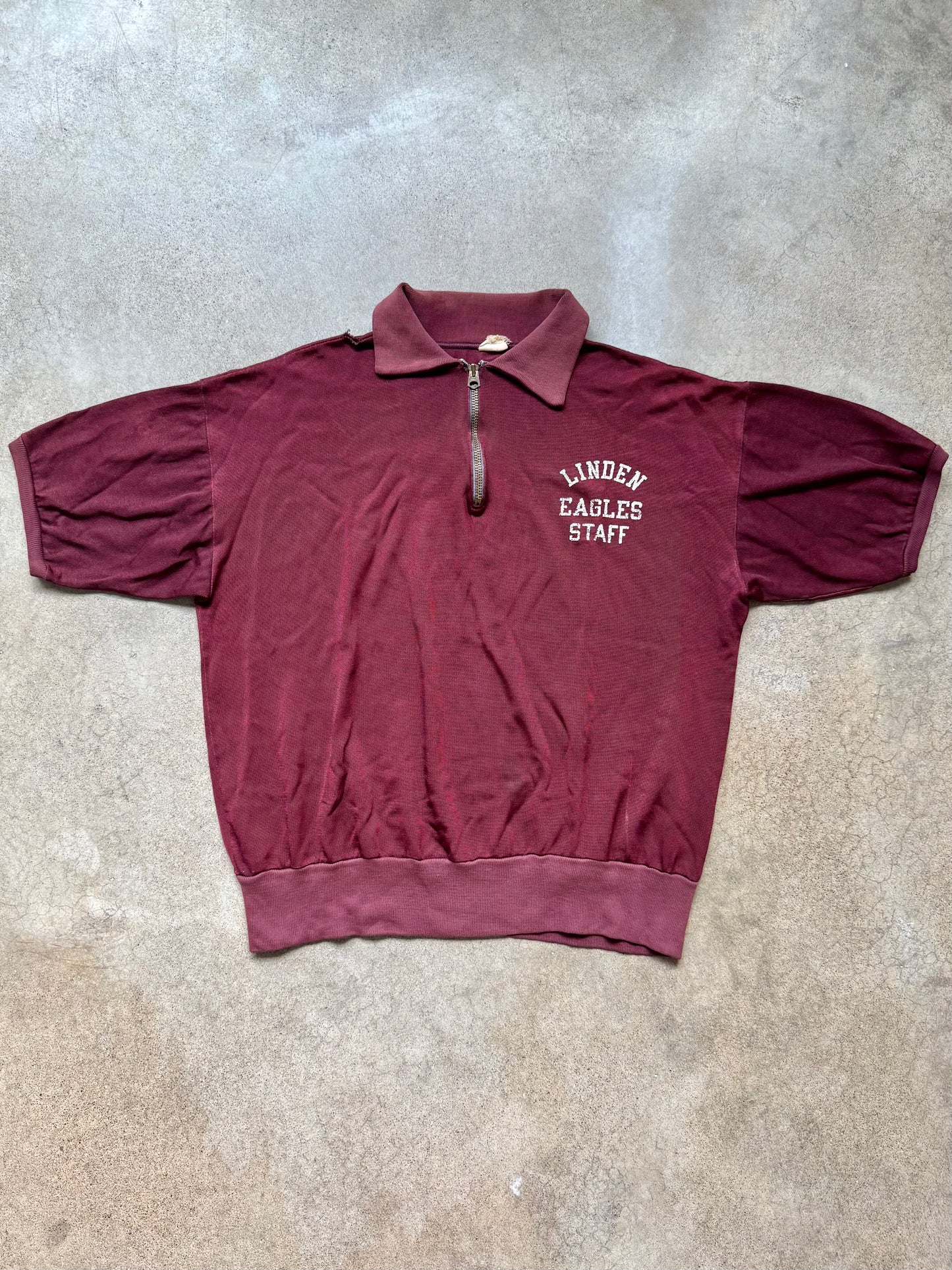 Vintage 1960s Champion Burgundy “Linden Eagles Staff” Quarter-Zip Polo Shirt | Large