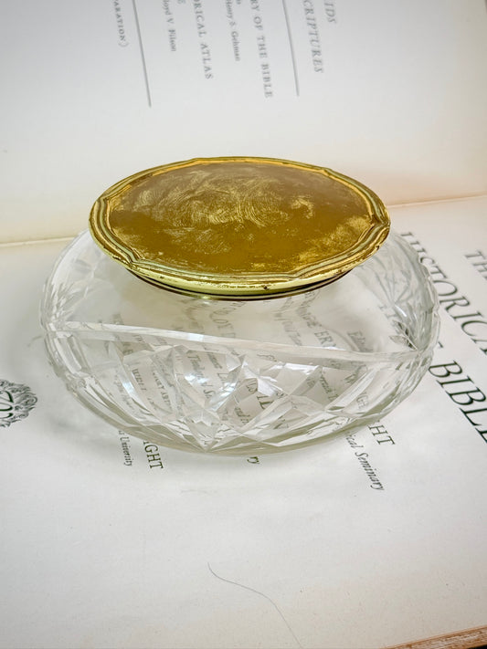 Antique 1920s Cut Crystal & Brass Lid Vanity Jar
