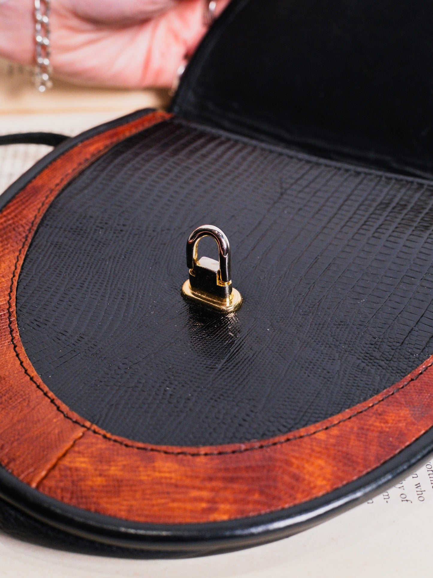 Vintage 1980s Black & Brown Embossed Leather Teardrop Crossbody Bag