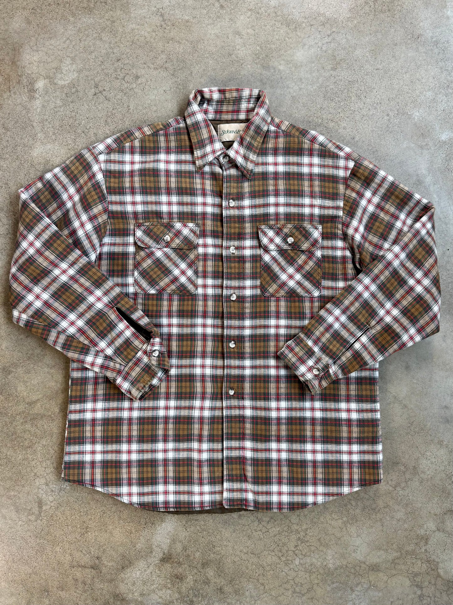 Vintage 1990s St. John’s Bay Brown & Red Plaid Quilt-Lined Cotton Shirt Jacket | XL