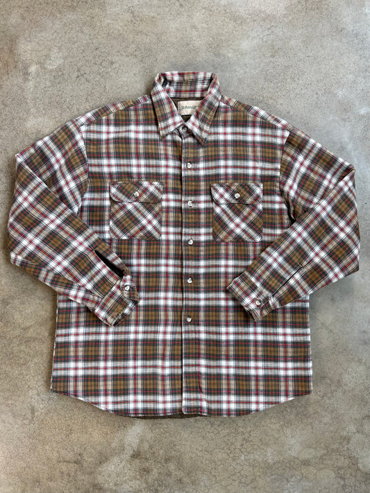 Vintage 1990s St. John’s Bay Brown & Red Plaid Quilt-Lined Cotton Shirt Jacket | XL
