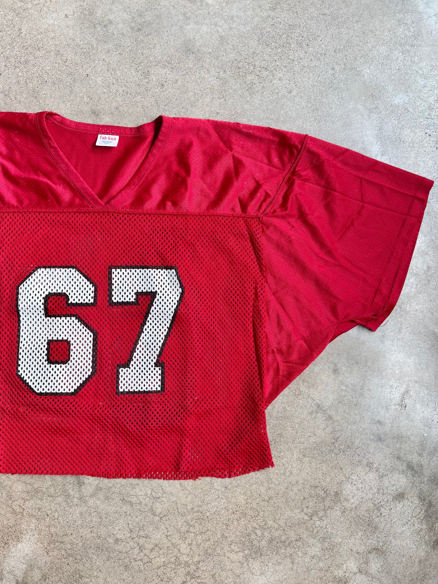 Vintage 1980s Fab-Knit Red Mesh #67 Cropped Football Jersey | Large