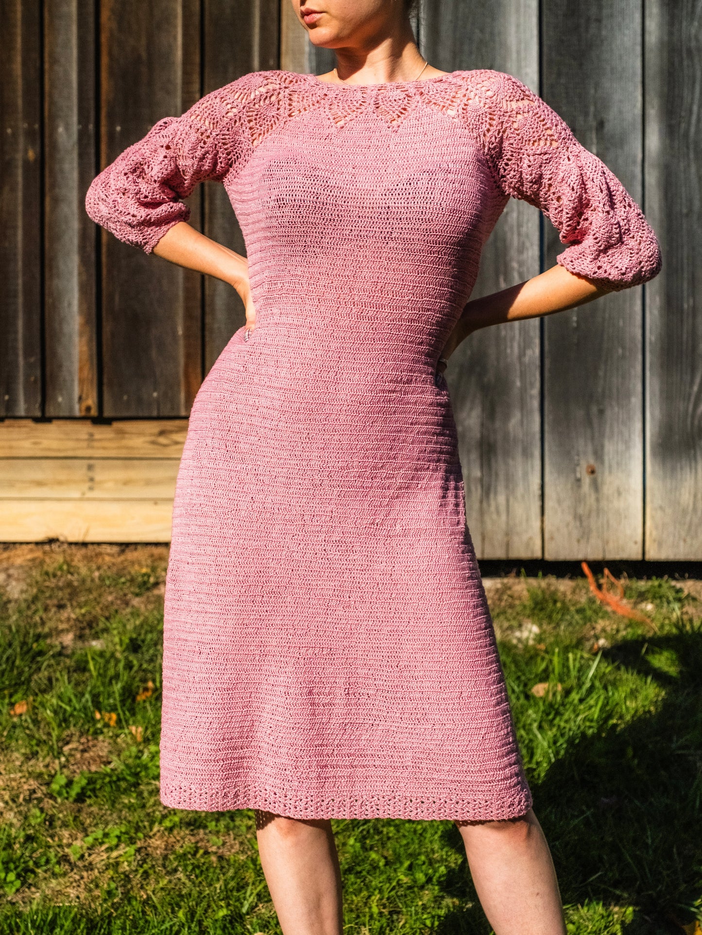 Vintage 1930s Handmade Pink Crochet A-Line Sweater Dress | S/M