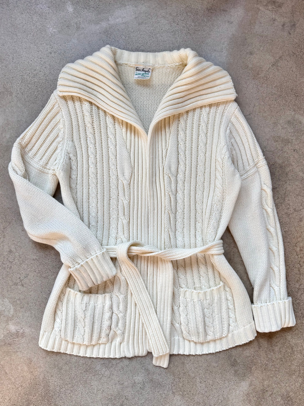 Vintage 1970s San Angelo by Aldo Verdi Cream Cable Knit Tie-Waist Cardigan | Medium
