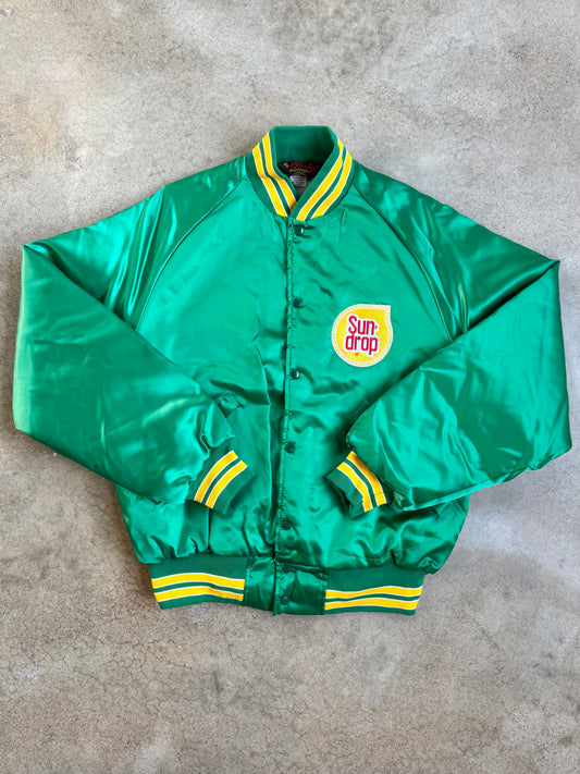 Vintage 1980s Sun-Drop Green Satin Bomber Jacket | Large