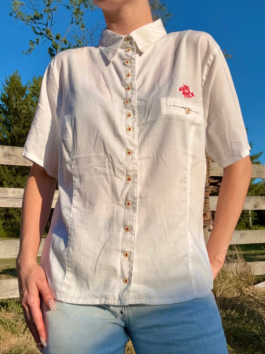 Vintage 1970s Distler White Embroidered Button-Up Blouse | Large