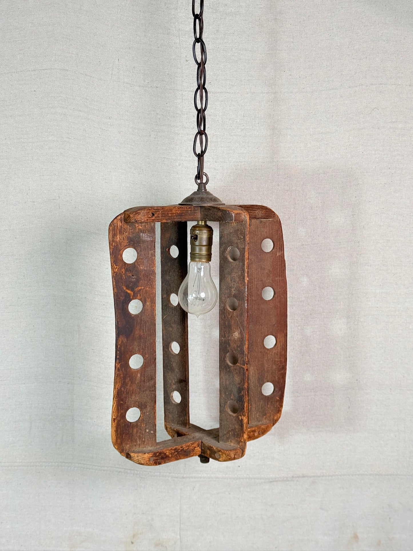 Handmade Antique Wood Churn Hanging Folk Light