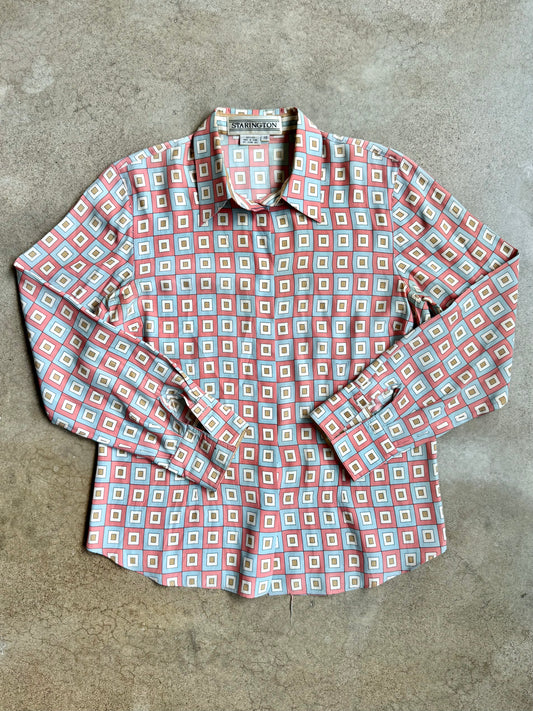 Vintage Starington Coral & Blue Geometric Pattern Silk Shirt | Medium