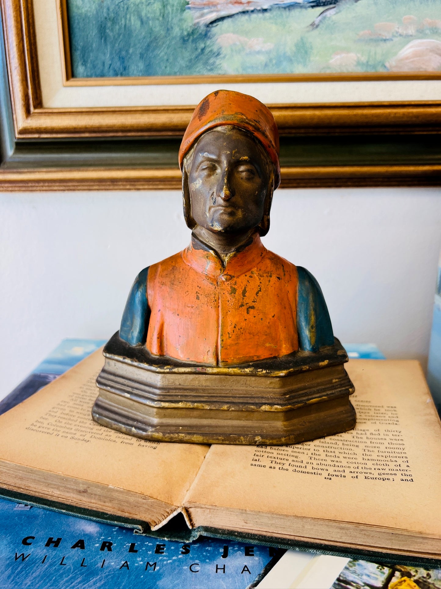 Vintage Dante & Beatrice Pompeian Bronze Statue Bookend