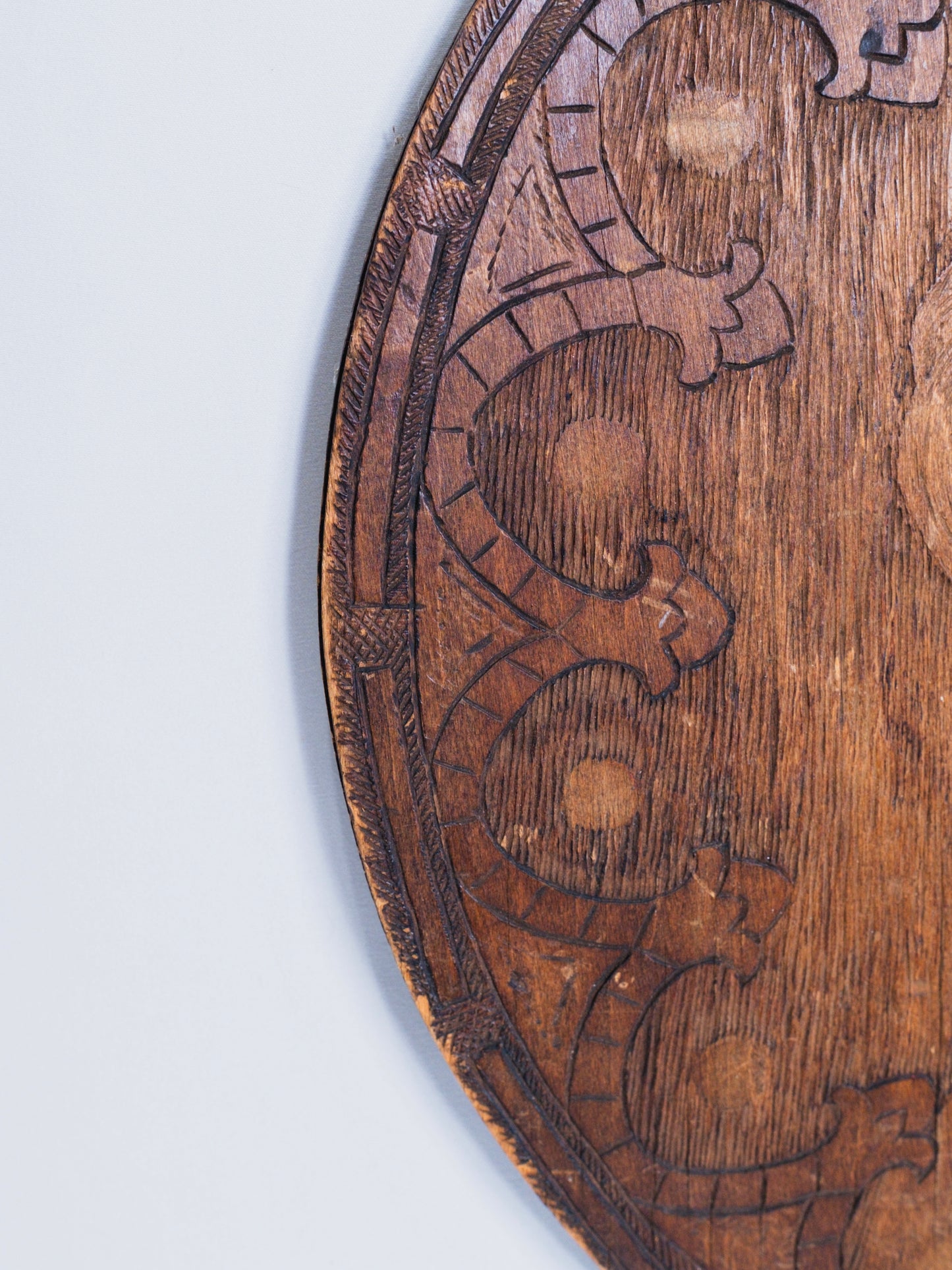 Antique 1900s Art Nouveau Round Flemish Wood Pyrography Woman Portrait Wall Art