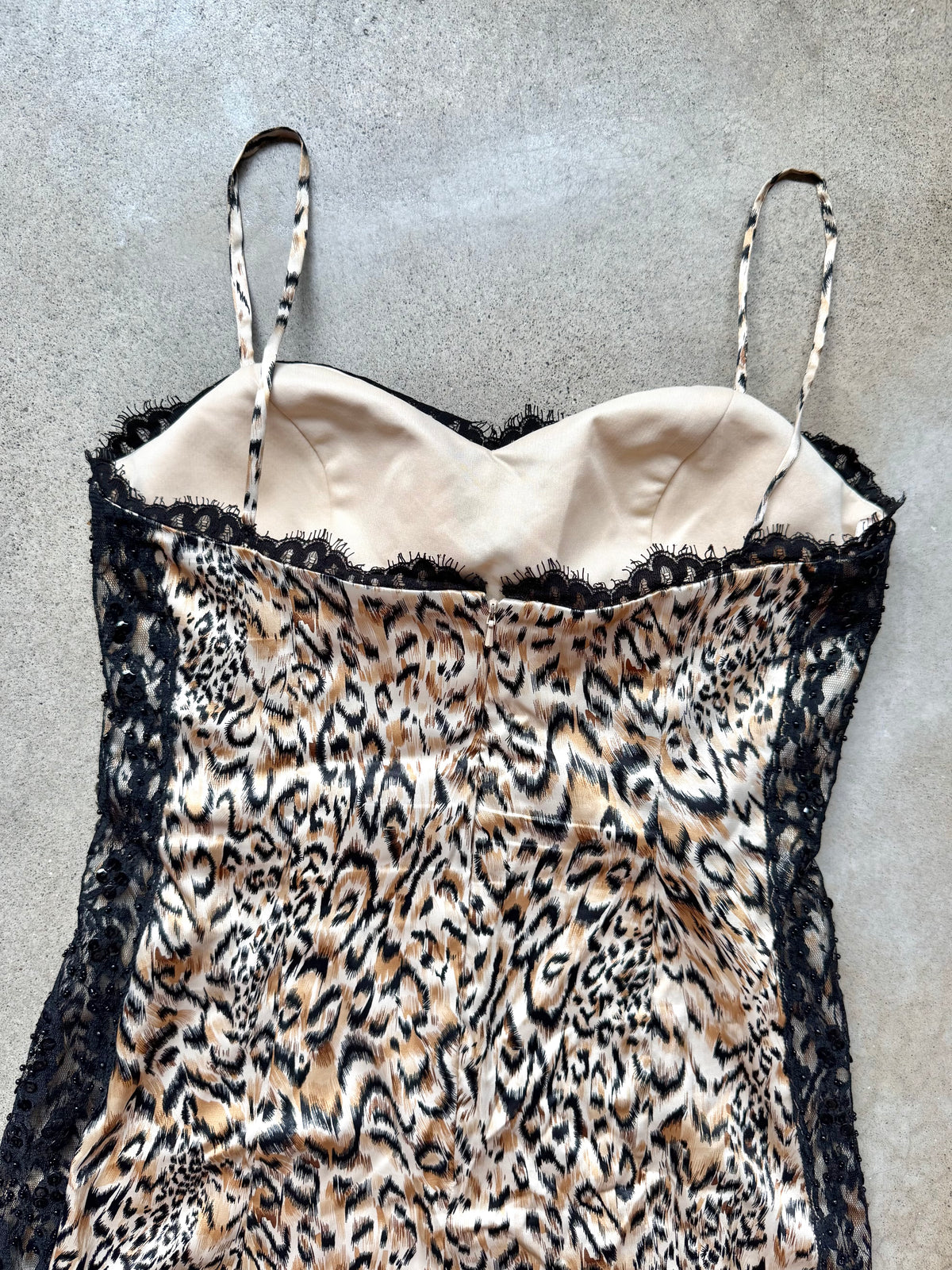 Vintage 1990s Dolce Jovani Leopard Print Satin Beaded Lace Trim Cocktail Dress | Small