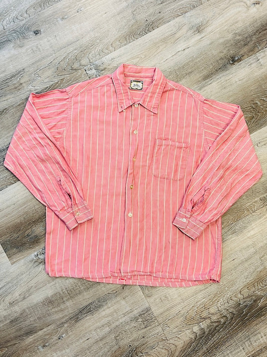 Vintage 1950s/60s Donlin Red Striped Cotton Button Down Shirt | Large