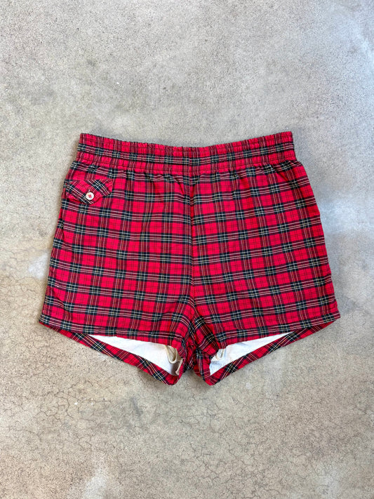 Vintage 1960s Janzten Red Plaid Swim Shorts | Medium