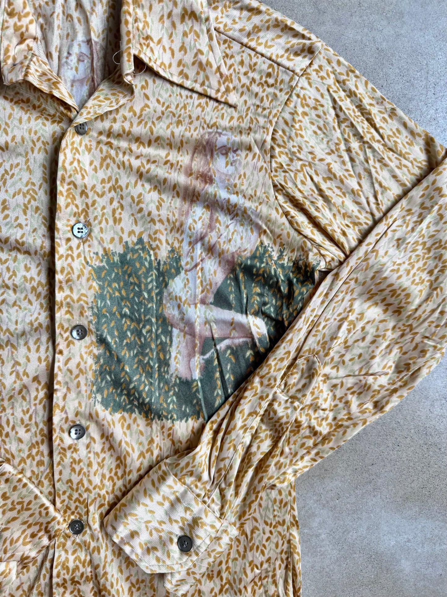 Vintage 1970s Chesa Boutique “Garden Goddess” Leaf Printed Disco Shirt | Medium