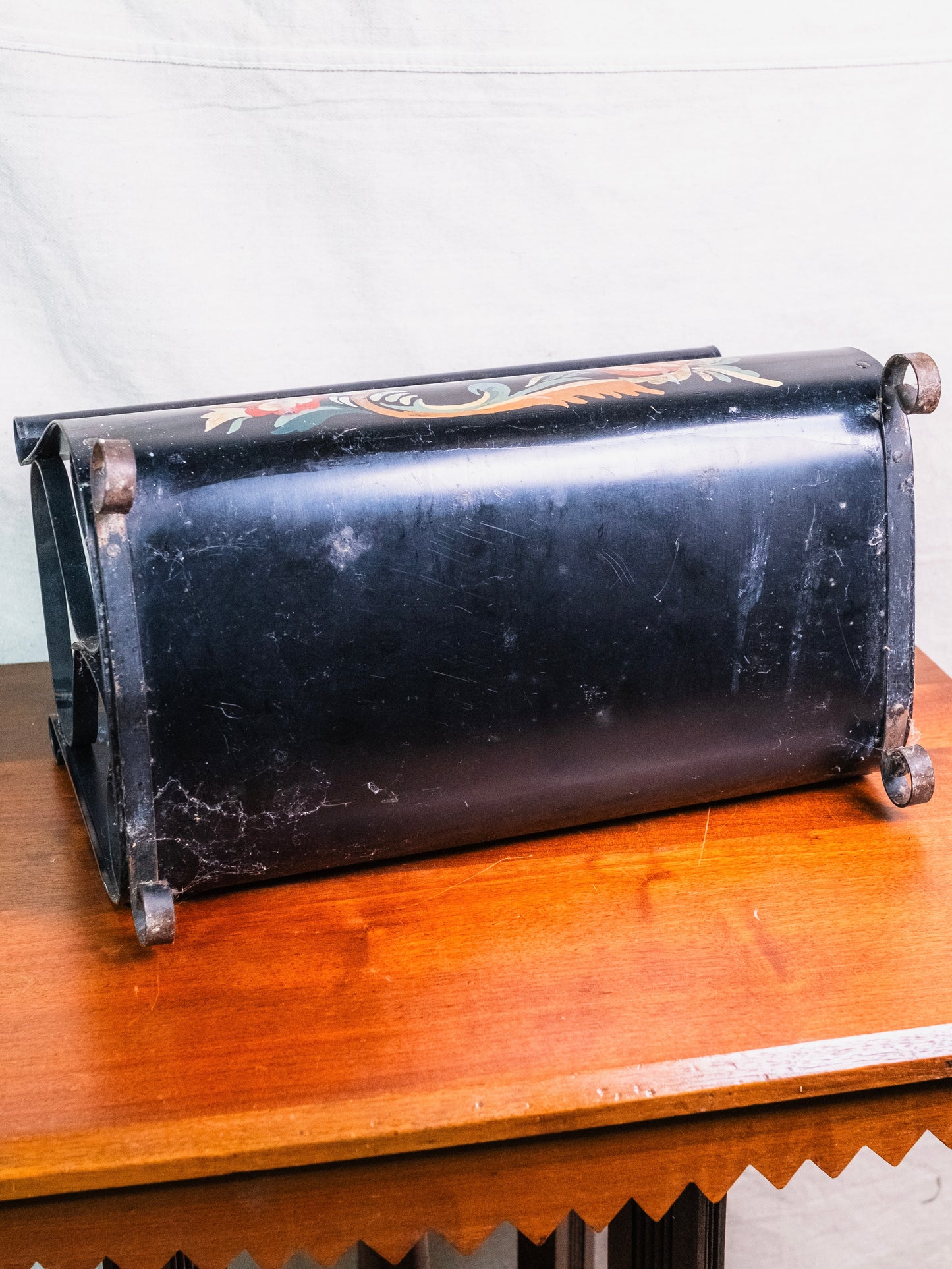 Vintage 1940s Black Metal Hand-Painted Tole-Style Magazine Holder