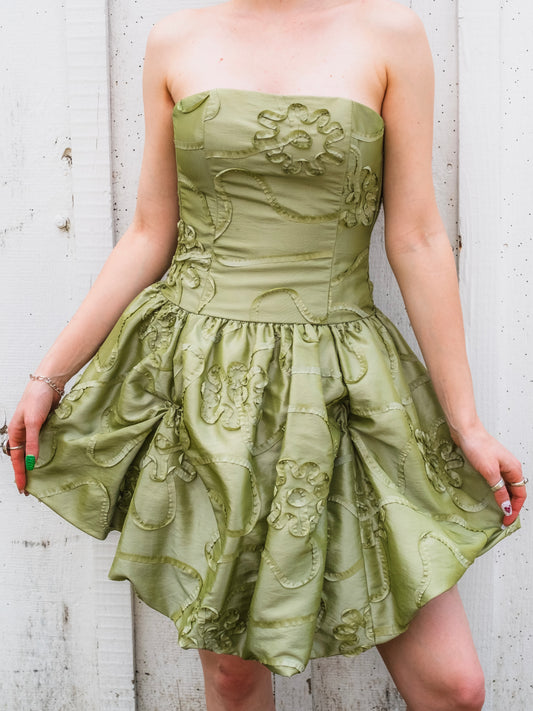 Vintage 1990s Jessica McClintock Green Floral Appliqué Strapless Bubble Hem Party Dress | XS