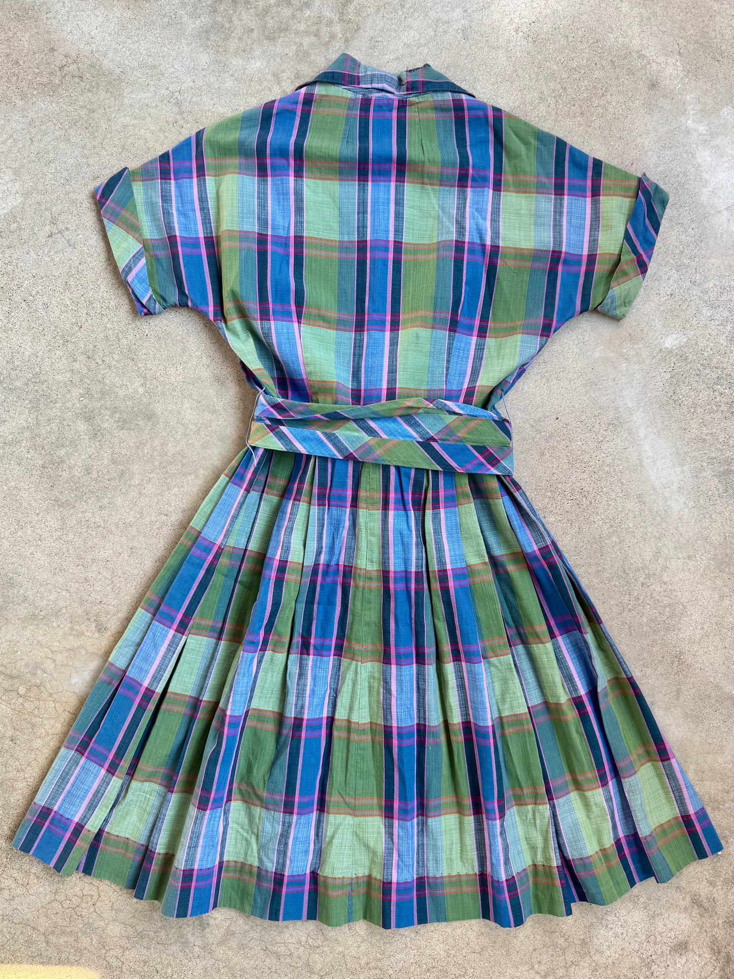 Vintage 1950s Kay Dunhill Plaid Zip-Front Short Sleeve Pleated Dress | XS/S