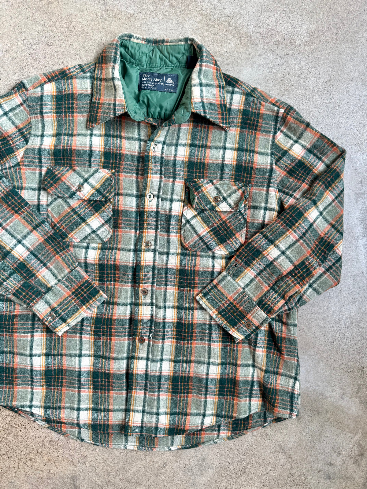 Vintage 1970s JCPenney Green & Orange Plaid Wool Flannel Shirt | XL