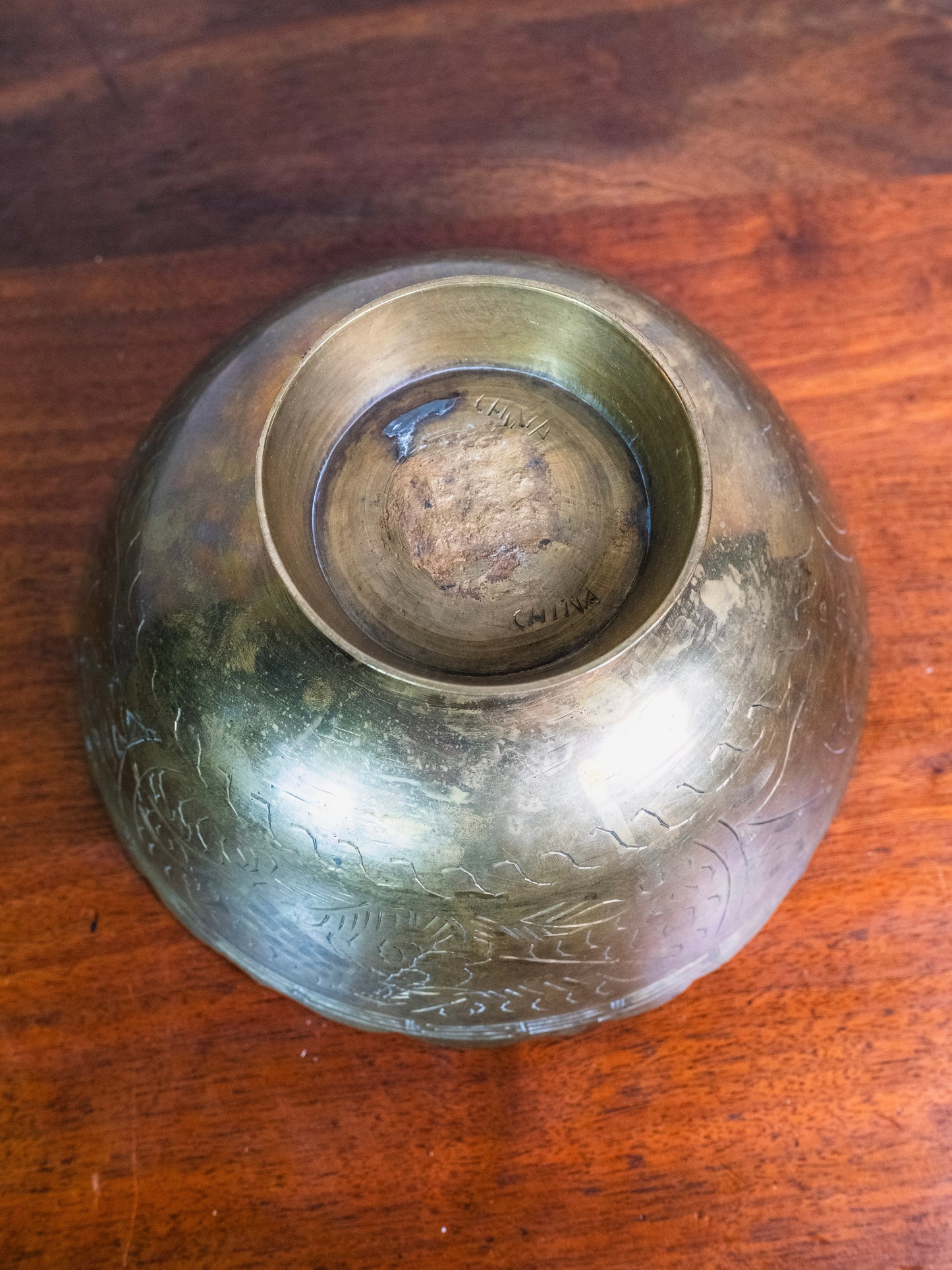 Vintage 1950s Solid Brass Etched Pedestal Bowl