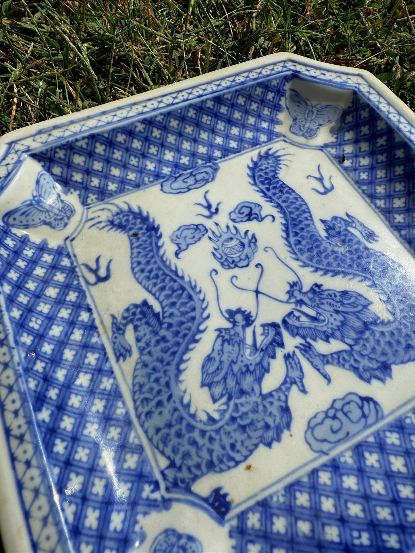 Vintage 1970s Blue & White Porcelain Twin Dragons Decorative Plate