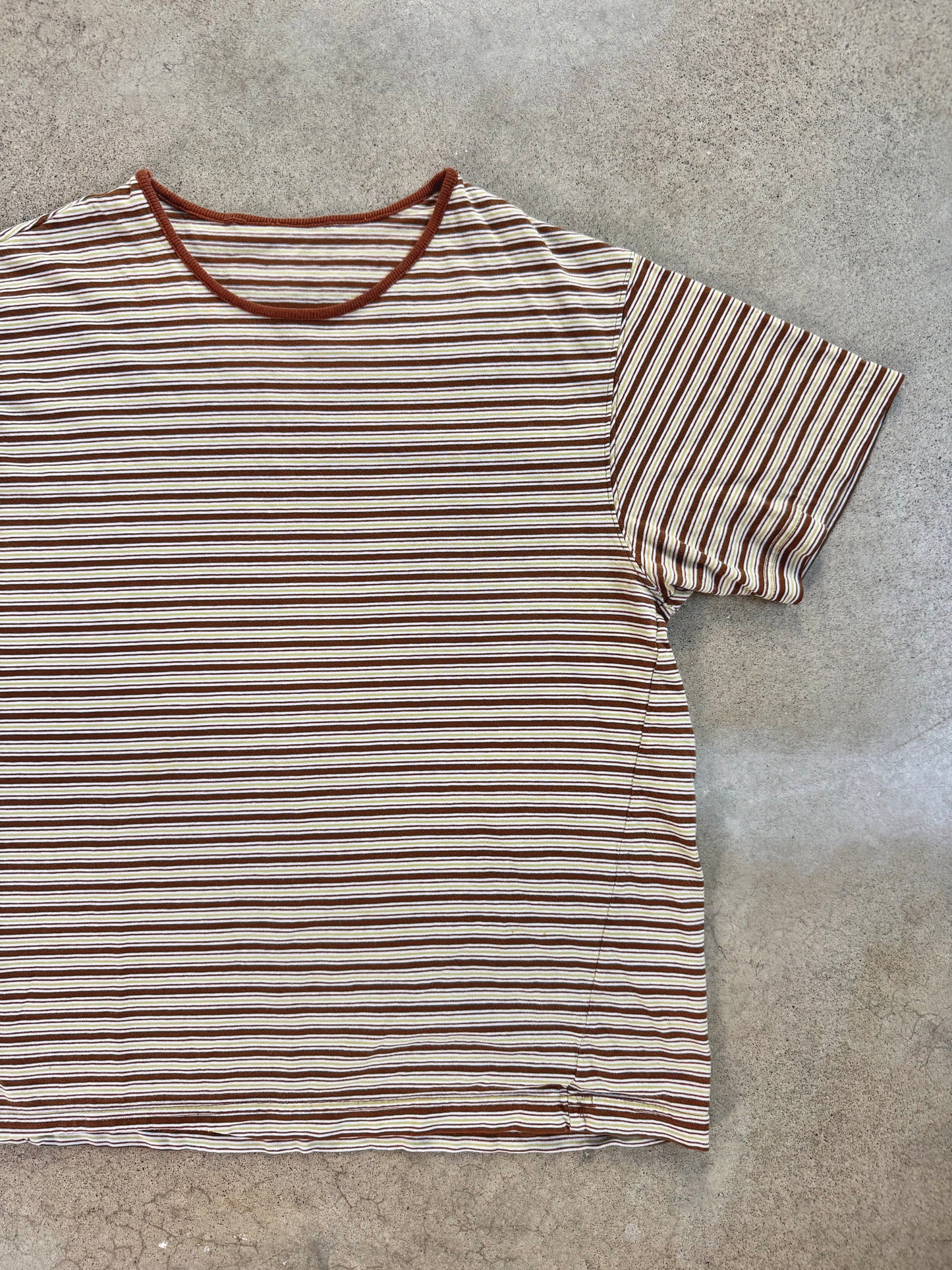 Vintage 1990s Brown-Tone Striped Crewneck Short Sleeve Tee | Large