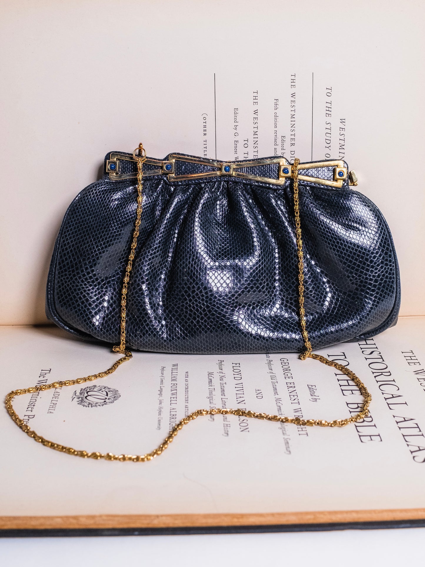 Vintage 1980s Ashneil Navy & Gold Accent Clutch Evening Bag