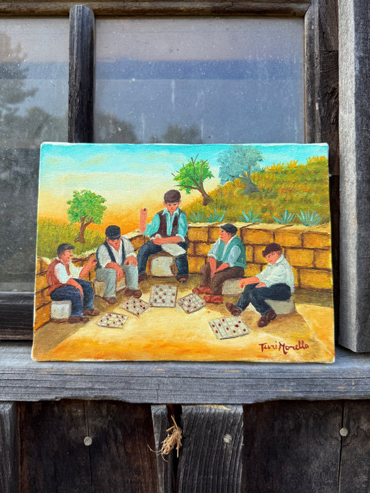 Vintage Signed Turi Morello Sicilian "Boys Playing Checkers" Oil on Canvas Painting