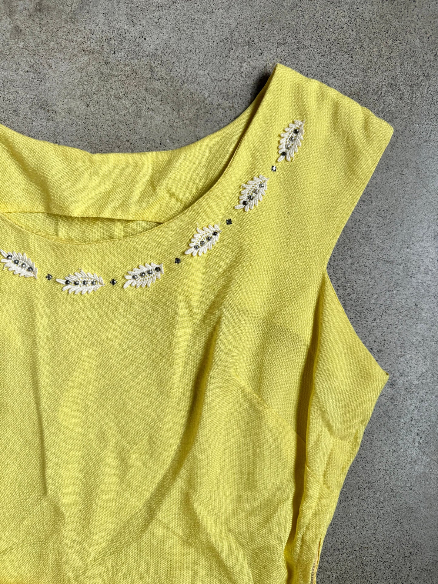 Vintage 1960s Handmade Yellow & White Embellished Trim Sleeveless Midi Dress w/ Belt | M/L