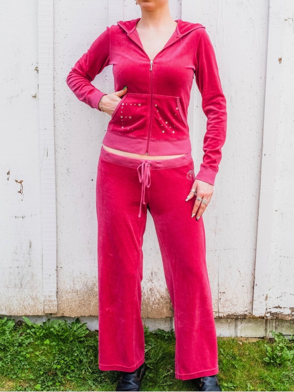 2000s Juicy Couture "Elle Woods" Bedazzled Monogram Hot Pink Velour Tracksuit | Medium