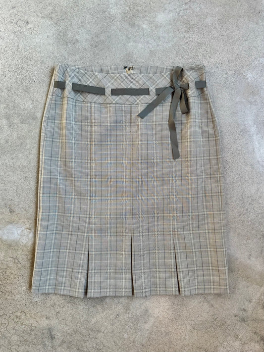 2000s Muted Green Plaid Pleated Skirt w/ Ribbon Waist | Small