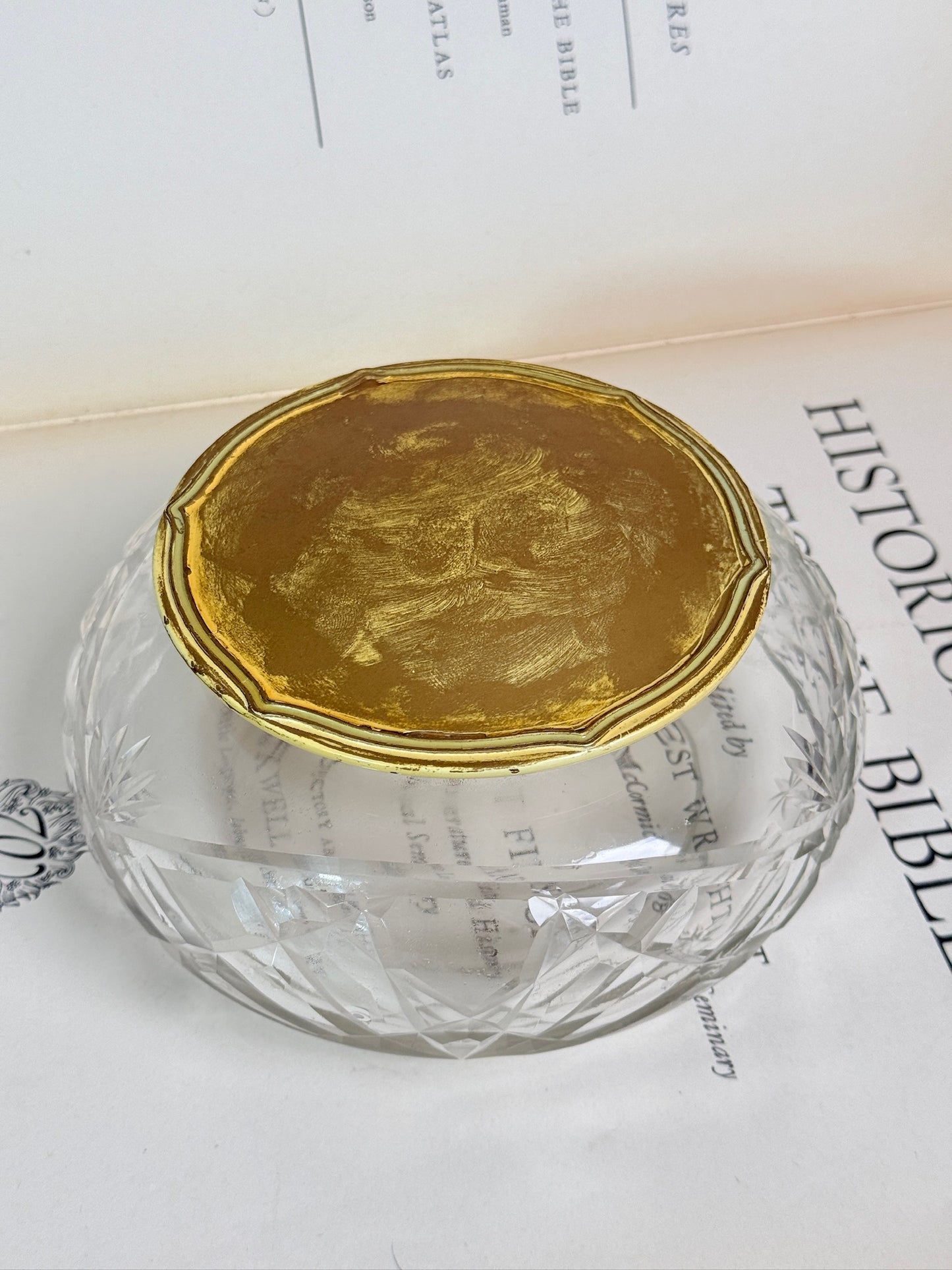 Antique 1920s Cut Crystal & Brass Lid Vanity Jar