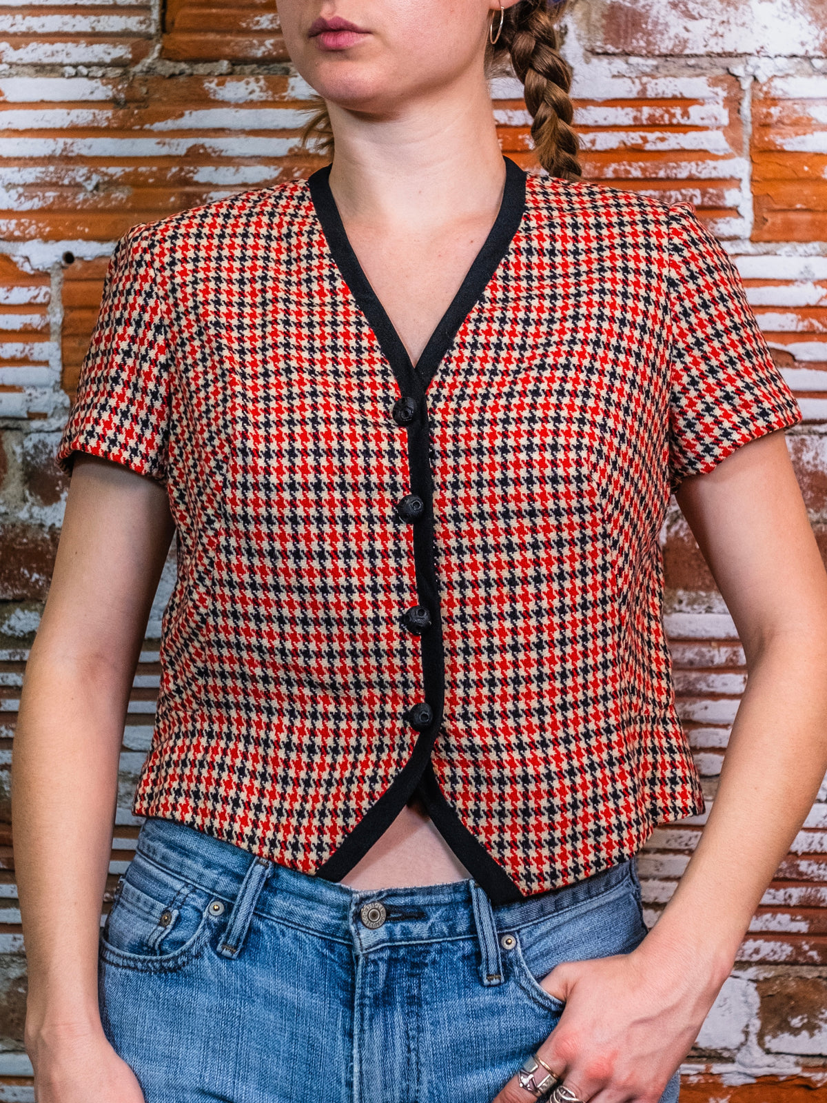 Vintage 1960s Red & Black Houndstooth Wool Short Sleeve Blouse | Small