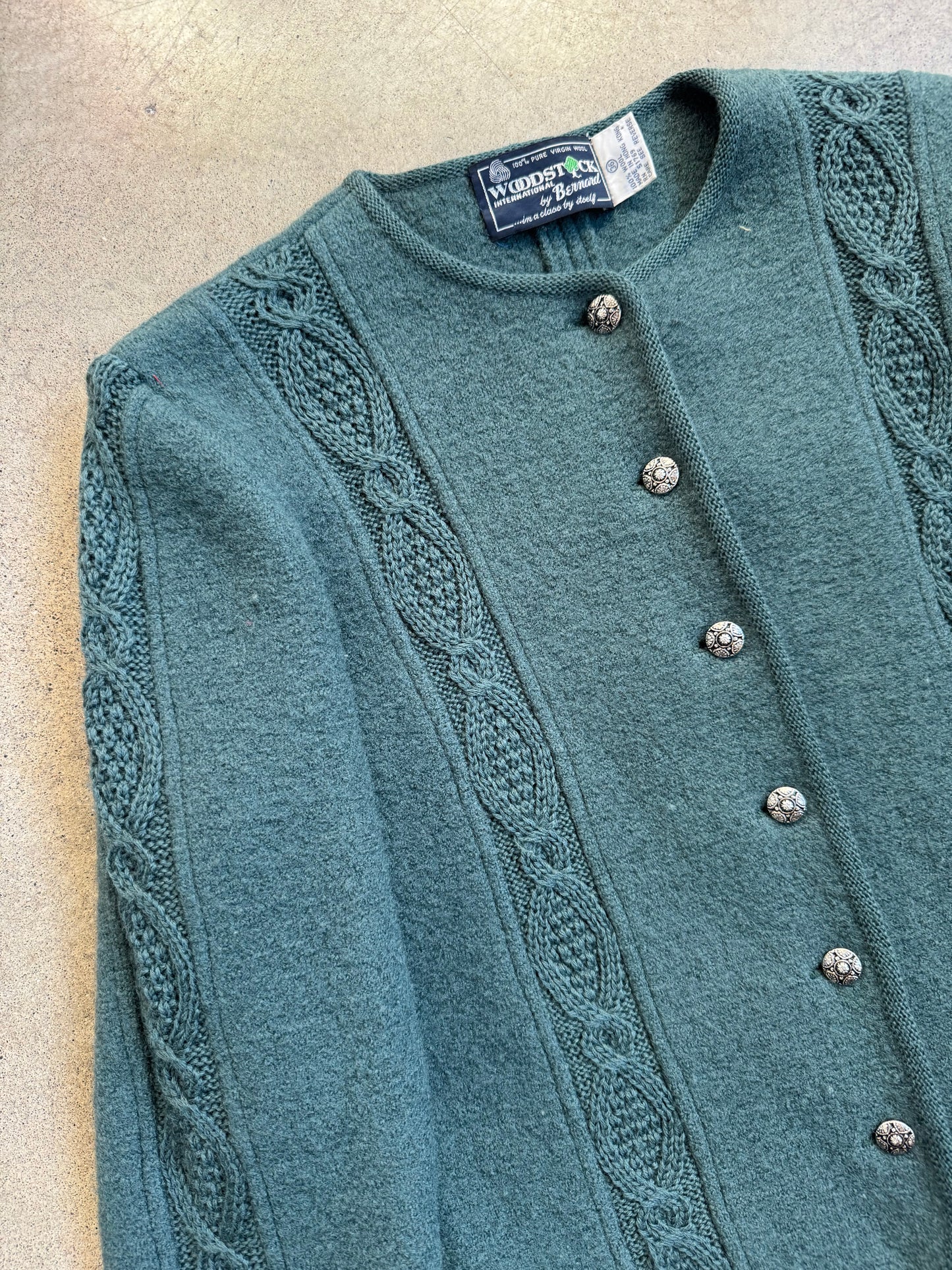Vintage 1970s Woodstock by Bernard Teal Wool Cardigan | Small